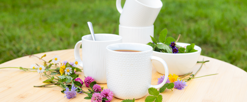 Blühende Kuchen, Holunderblüten-Sprudel und Porzellantassen auf dem Frühlingstisch