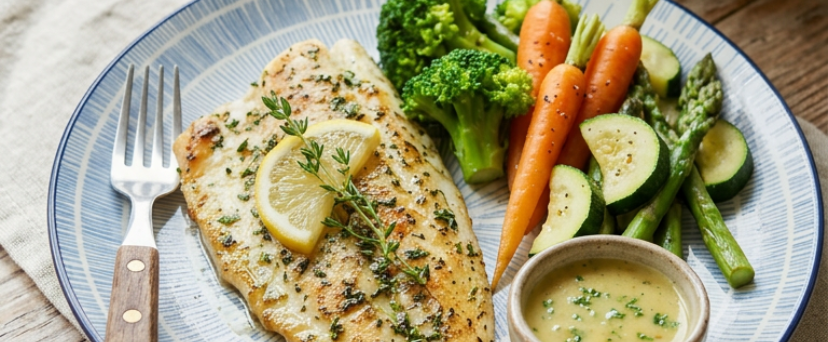 Filetes de peixe com crosta de ervas e Legumes
