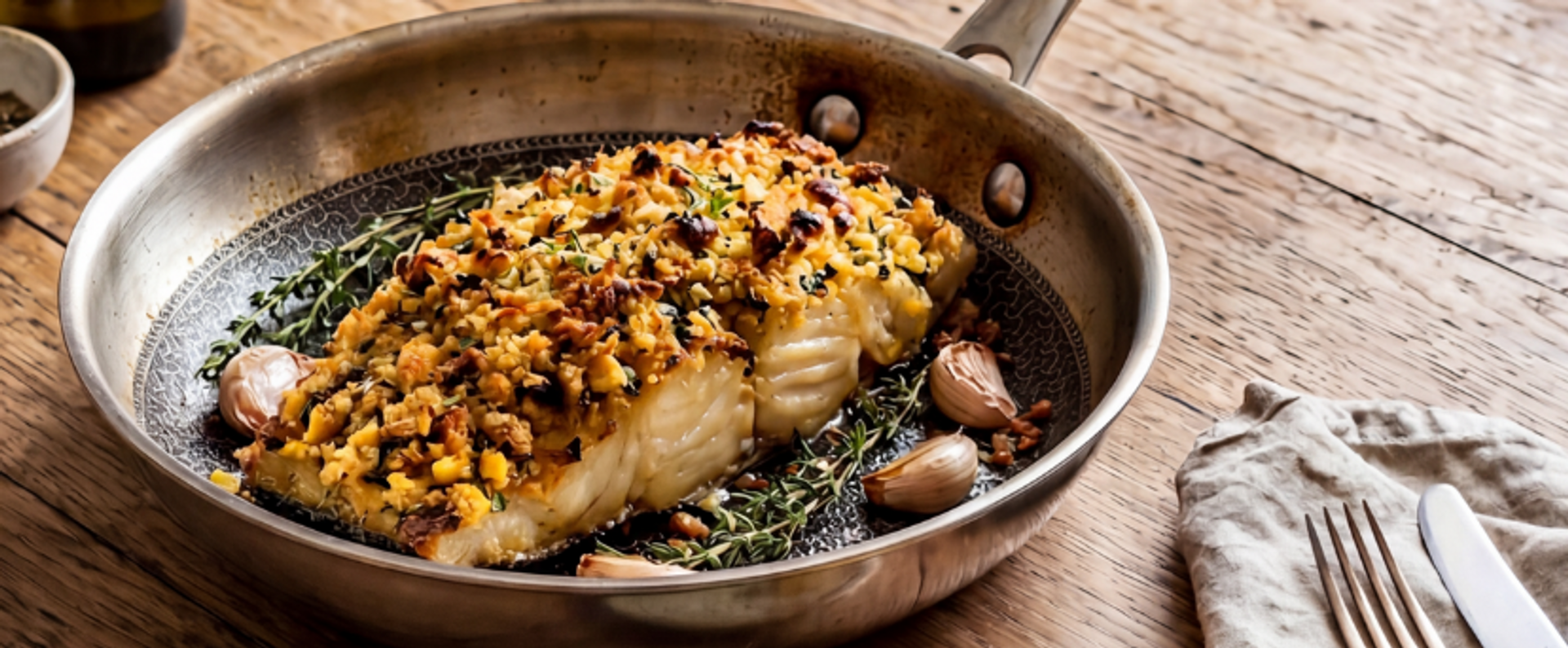 Bacalhau em crosta de broa com batata a murro
