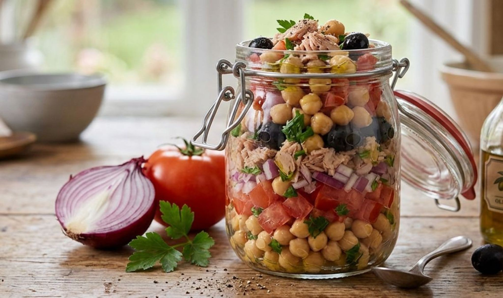 Salada de Grão com Atum, Tomate e Cebola Roxa