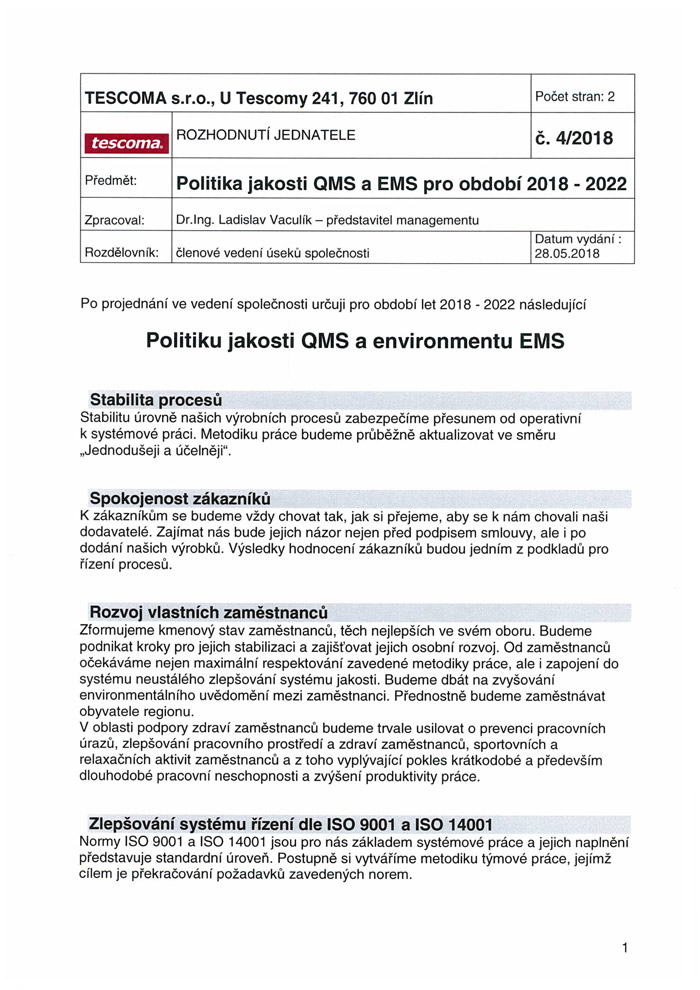 Politika jakosti a enviromentu QMS a EMS 2018 - 2022