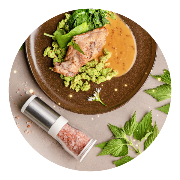 Mięsna potrawa z zielonymi kluseczkami i sosem na brązowym talerzu, obok leży srebrno-biały młynek do soli.