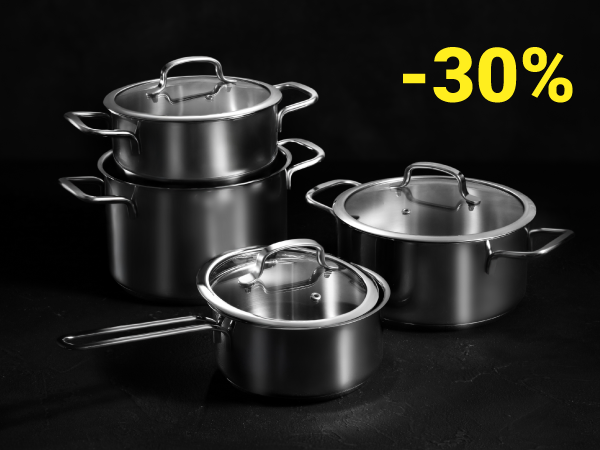 Komplet garnków OPTIMA, 8 części na czarnym tle, w prawym górnym rogu żółty napis -30%.