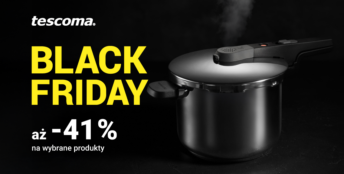 Grafika przedstawia stalowy szybkowar z długą, czarną rękojeścią, z którego ulatuje para. Produkt znajduje się na czarnym tle, wygląda, jakby wyłaniał się z mroku. Znajduje się po prawej stronie grafiki. Z lewej strony widać biały napis "tescoma", poniżej wielkimi literami na żółto "black friday", a niżej "aż minus 41% na wybrane produkty".