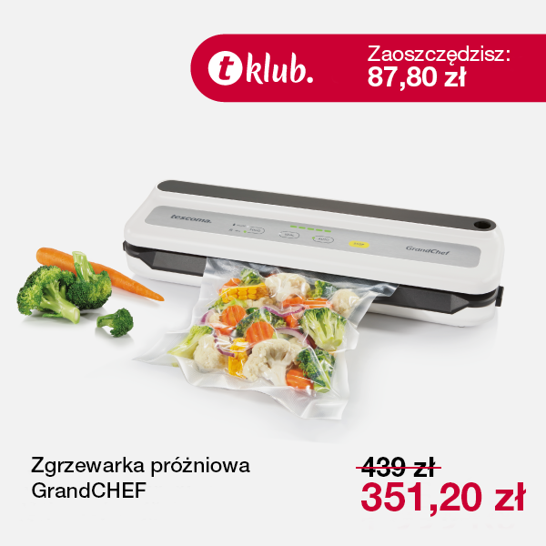 Obrazek przedstawia zgrzewarkę próżniową. W woreczku, który z niej wystaje znajdują się kolorowe warzywa. Napis w prawym górnym rogu: zaoszczędzisz 87,80 zł. Napis na dole: Zgrzewarka próżniowa GrandCHEF, przekreślona kwota 439 zł, nowa cena 351,20 zł.