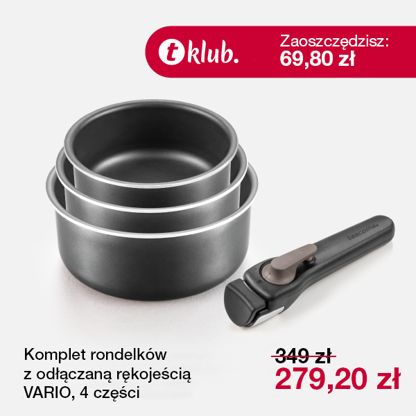 Obrazek przedstawia trzy czarne rondelki włożone jeden w drugi, obok leży rękojeść, która pasuje do wszystkich rondelków. Napis w prawym górnym rogu: zaoszczędzisz 69,80 zł. Napis na dole: Komplet rondelków z odłączaną rękojeścią VARIO, 4 części, przekreślona kwota 349 zł, nowa cena 279,20 zł.