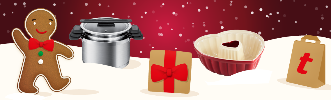 Grafika przedstawia piernikowego ludzika, zestaw trzech nierdzewnych garnków włożonych jeden w drugi, prezent ze wstążką, ceramiczną formę w kształcie serca z czerwoną glazurą oraz papierową torbę z literą t leżące na rysunkowym śniegu, tło jest czerwone w białe kropki wyglądające jak rozmazane gwiazdy.