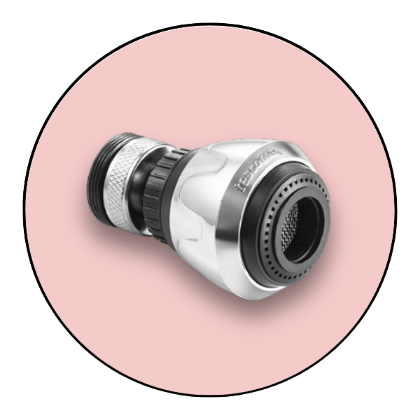 Srebrno-czarny perlator do wody na jasnoróżowym tle.