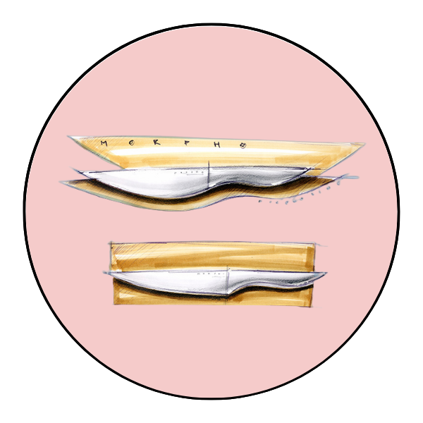 Grafika przedstawia projekt noża ze stali nierdzewnej na jasnoróżowym tle.