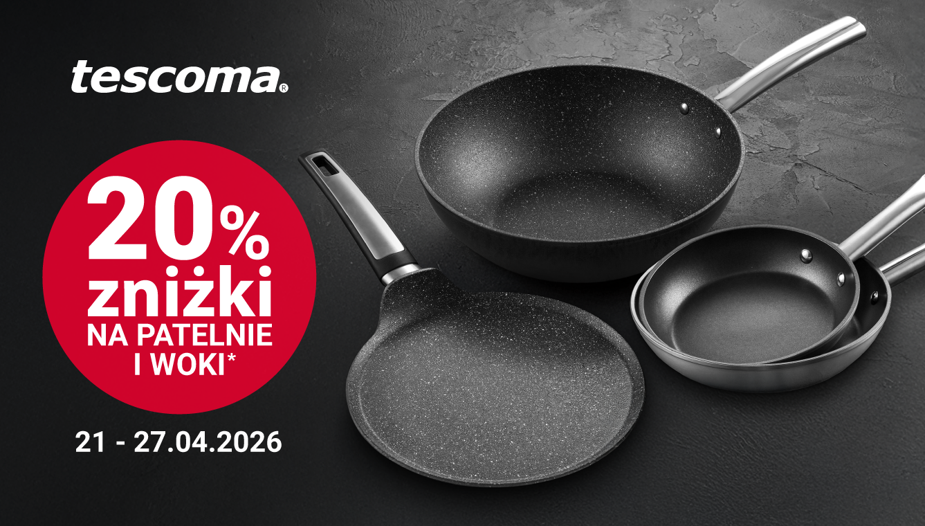 opis: czarne patelnie z nieprzywierającą powłoką i rękojeściami ze stali lub połączenia tworzywa i stali. Po lewej biały napis na czerwonym tle 20% zniżki na patelnie i woki. Pod spodem sata 21 do 27 kwietnia 2026.