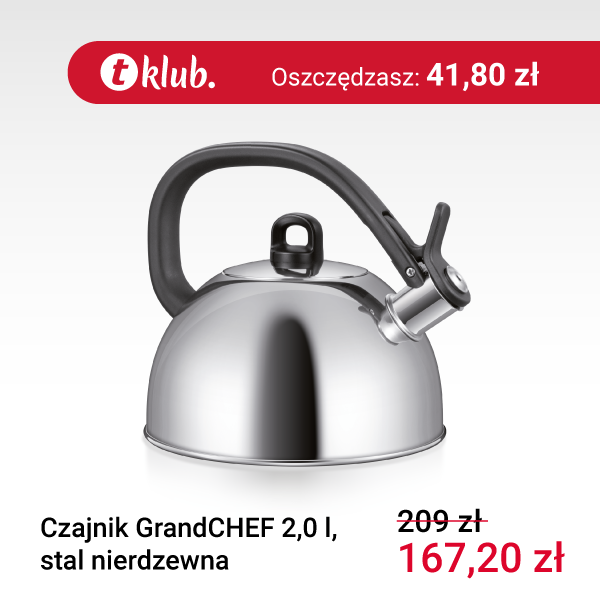 Stalowy czajnik z czarną rączką z gwizdkiem w cenie obniżonej z 209 zł na 167,20 zł. Oszczędzasz 41,80 zł.