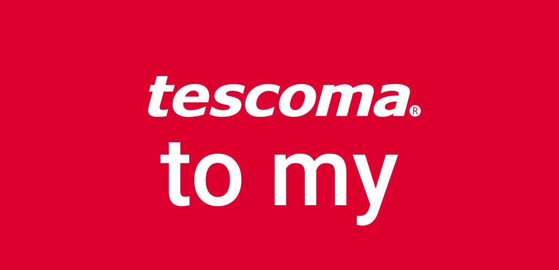 Opis: biały napis tescoma to my na czerwonym tle.