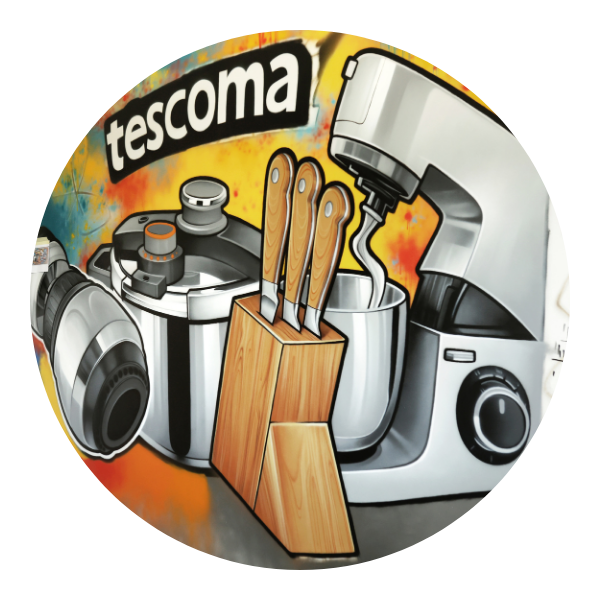 Opis: grafika przedstawia rysunkowe wersje szybkowaru, robota kuchennego, bloku z nożami i perlatora na kolorowym tle. Na górze widnieje logo tescoma.