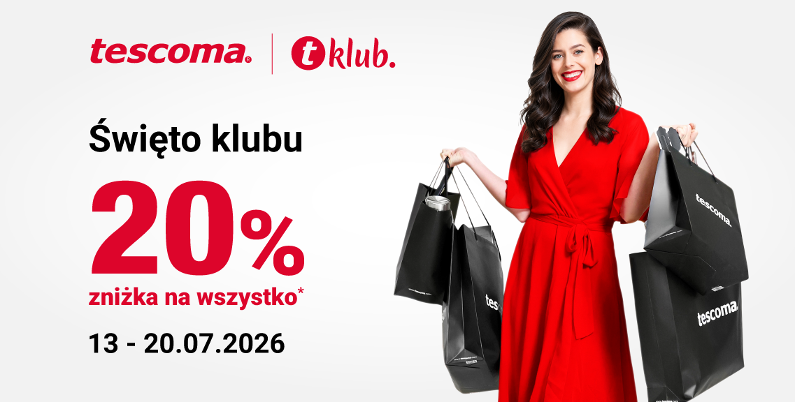 Opis: po prawej ciemnowłosa kobieta w czerwonej sukience z naręczem czarnych toreb z zakupami z logiem tescoma, po lewej logo tescoma oraz klubu tescoma oraz napis: święto klubu, 20% zniżki na wszystko, 13 - 20.07.2026.