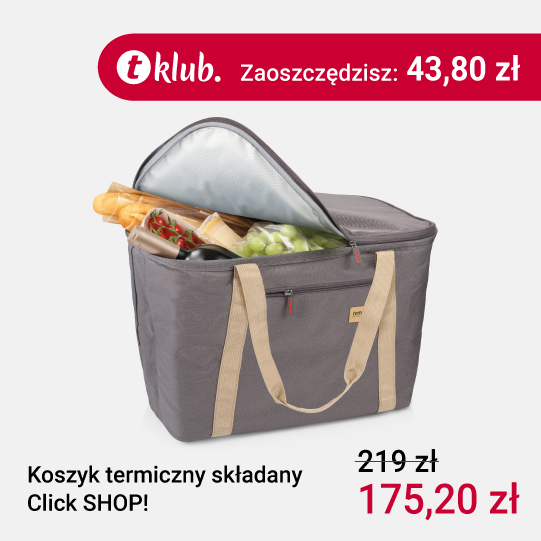 Opis: szary koszyk ze srebną wkładką termiczną i beżowymi materiałowymi uchwytami. Koszyk posiada zapięcie na suwak, jest uchylony i wystają z niego bagietki, pomidorki i winogrona. Na górze symbol Klubu Tescomanapis i napis - zaoszczędzisz: 43,80 zł. W prawym dolnym rogu przekreślona cena 219 zł i nowa cena 175,20 zł.