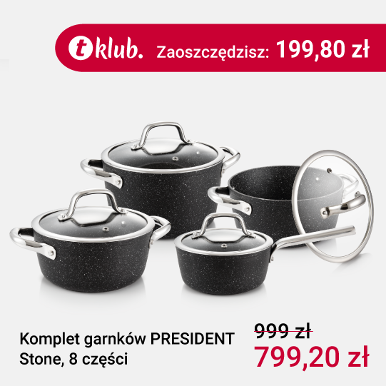 Opis: komplet trzech garnków PREISENT Stone i rondelka z pokrywkami z czarną, chropowatą powłoką. Na górze symbol Klubu Tescoma i napis - zaoszczędzisz: 199,80 zł. W prawym dolnym rogu przekreślona cena 999 zł i nowa cena 799,20 zł.