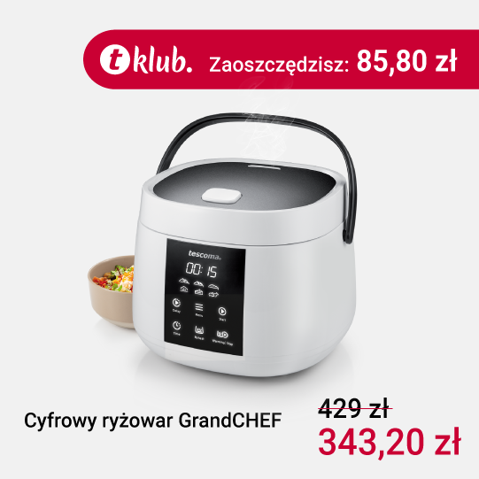 Opis: biały ryżowar z antracytowym uchwytem i czarnym cyfrowym wyświetlaczem. Na górze symbol Klubu Tescomanapis i napis - zaoszczędzisz: 85,80 zł. W prawym dolnym rogu przekreślona cena 429 zł i nowa cena 343,20 zł.