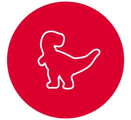 Opis: biały zarys dinozaura na czerwonym tle.