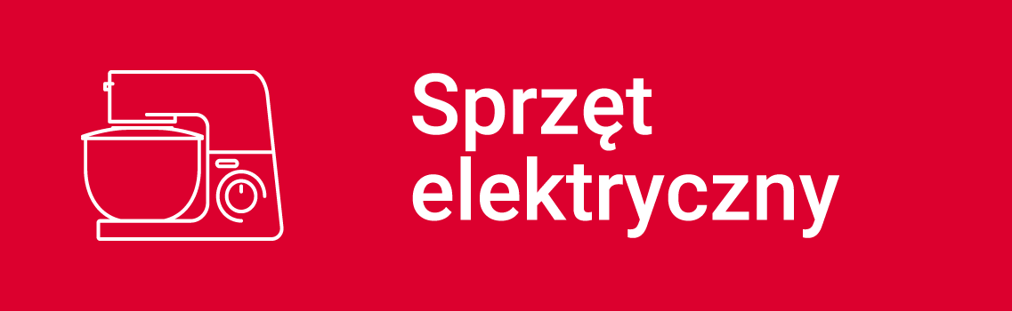 Opis: biały zarys robota kuchennego i biały adres Sprzęt elektryczny na czerwonym tle.