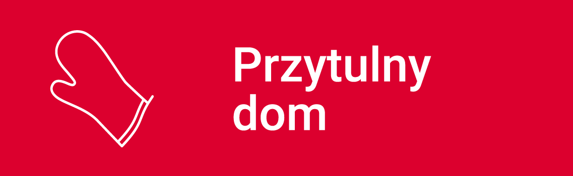 Opis: biały zarys rękawicy kuchennej i biały napis Przytulny dom na czerwonym tle.