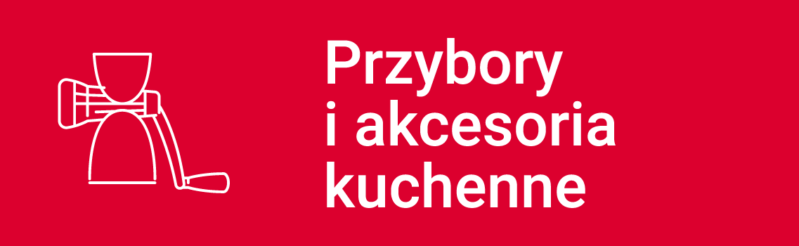 Opis: czerwony banner z białym zarysem maszynki do mięsa i białym napisem Przybory i akcesoria kuchenne.