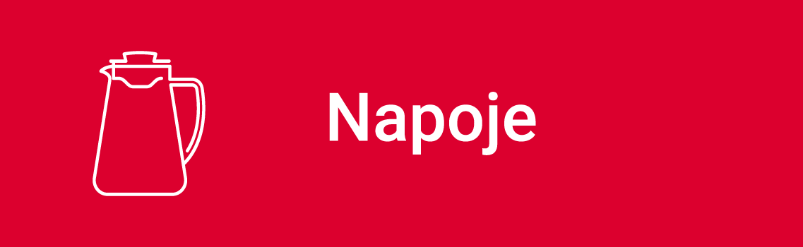 Opis: biały zarys dzbanka z wieczkiem i biały napis Napoje na czerwonym tle.