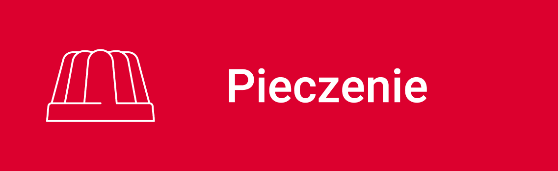 Opis: biały zarys formy na babkę i biały napis Pieczenie na czerwonym tle.