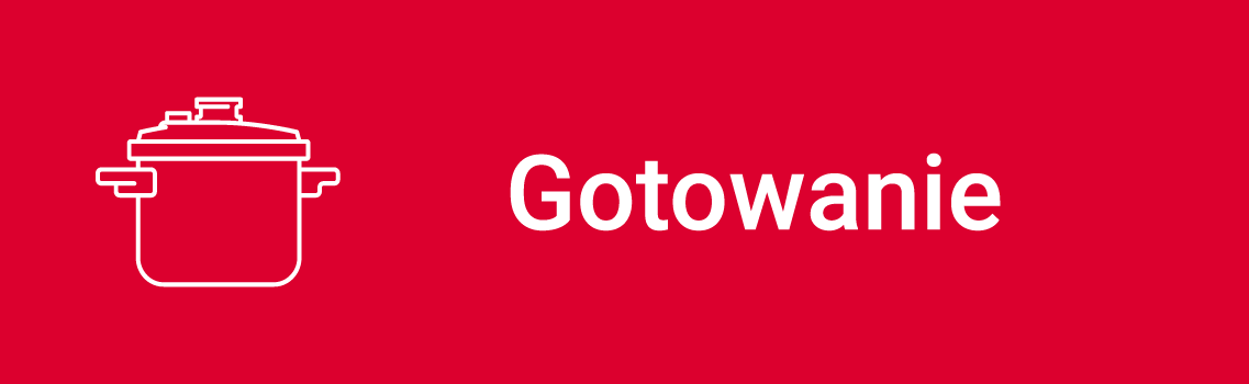 Opis: biały zarys szybkowaru i biały napis Gotowanie na czerwonym tle.