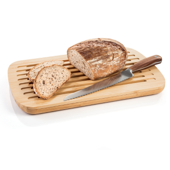 Tabua para cortar pão, com pão fatiado e faca de pãoFaca para cortar pão 