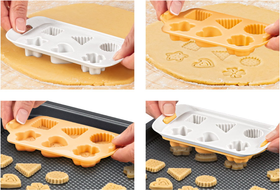 Proces przygotowywania ciasteczek przy pomocy formy do wykrawania z pieczątkami.