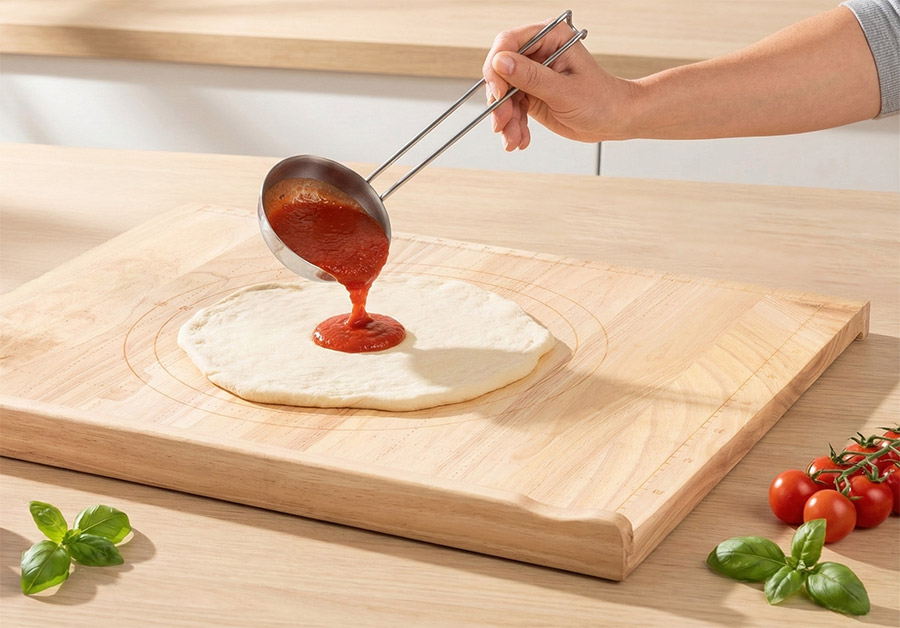 Osoba nalewa sos pomidorowy na placek z ciasta przy użyciu stalowej chochli. Ciasto leży na drewnianej stolnicy.