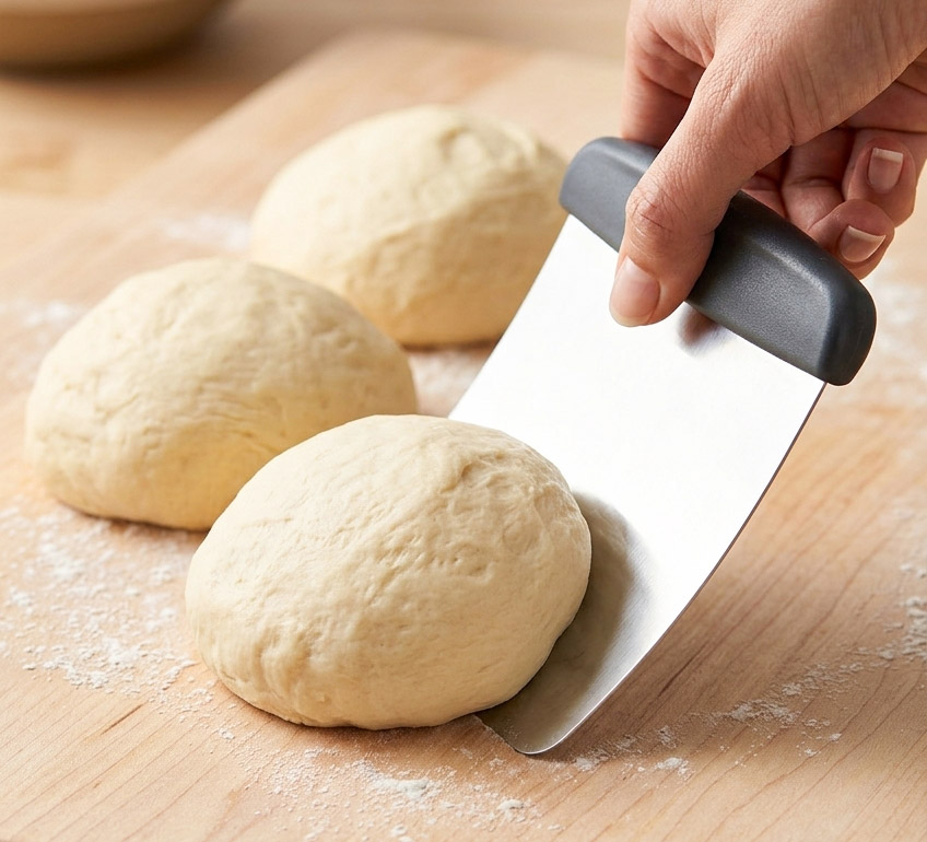 Elastyczna silikonowa łopatka z uchwytem w kolorze antracytowym, którą ktoś podważa okrągły kawałek ciasta.